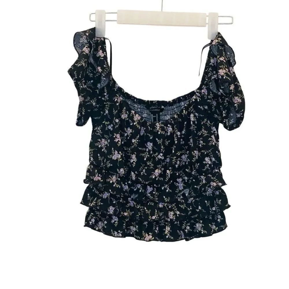 Forever21 Floral Ruffle Frills Smocked Back Cropped Top Black Multi Medium